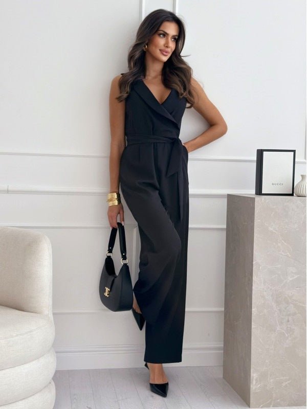 V - neck Sleeveless Jumpsuit With Belt Design Summer Fashion Trousers Women's Clothing - StoreTokTikV - neck Sleeveless Jumpsuit With Belt Design Summer Fashion Trousers Women's Clothing