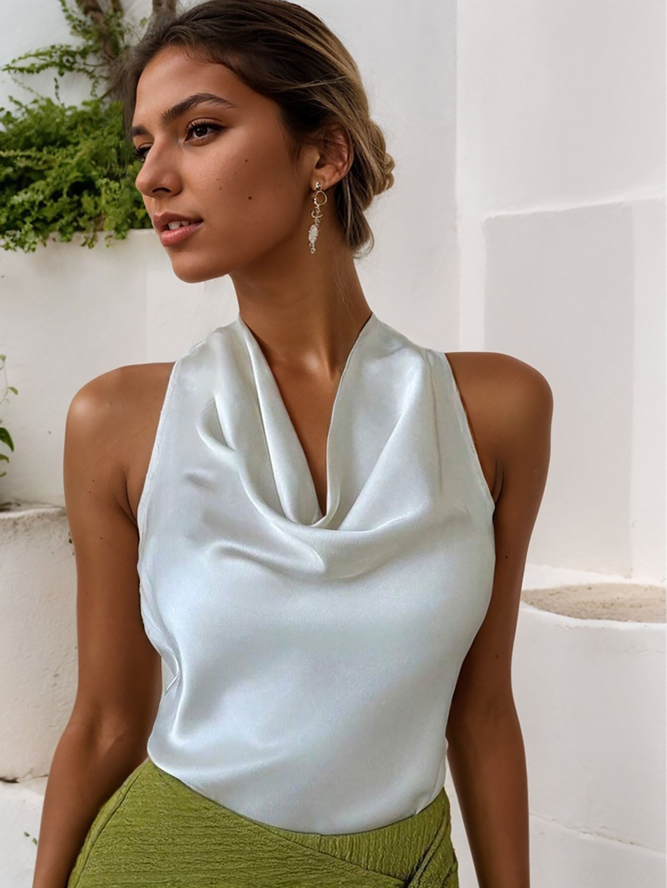 Women Solid Color Swing Collar Sleeveless Vest Trendy Elegant Shirt With Halter Neckline Backless Short Sleeve Tops Tshirts - StoreTokTikWomen Solid Color Swing Collar Sleeveless Vest Trendy Elegant Shirt With Halter Neckline Backless Short Sleeve Tops Tshirts