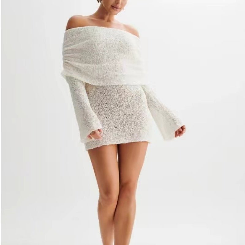 Women's Spring Summer Knitted Dress Elegant Party Boat Neck Dress Infant Off Shoulder Bodycon Long Sleeve Fuzzy Short Club Chic Mini Dress - StoreTokTikWomen's Spring Summer Knitted Dress Elegant Party Boat Neck Dress Infant Off Shoulder Bodycon Long Sleeve Fuzzy Short Club Chic Mini Dress