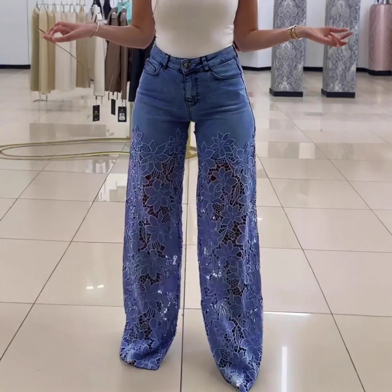 Y2K Lace Flowers Hollow Jeans Fashion High Waist Straight Wide Leg Pants Solid Color Trousers Women's Clothing - StoreTokTikY2K Lace Flowers Hollow Jeans Fashion High Waist Straight Wide Leg Pants Solid Color Trousers Women's Clothing