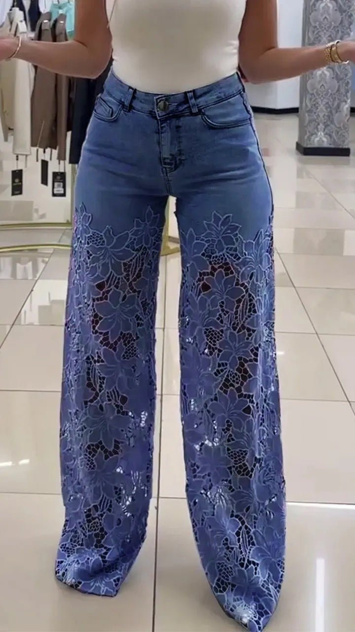 Y2K Lace Flowers Hollow Jeans Fashion High Waist Straight Wide Leg Pants Solid Color Trousers Women's Clothing - StoreTokTikY2K Lace Flowers Hollow Jeans Fashion High Waist Straight Wide Leg Pants Solid Color Trousers Women's Clothing