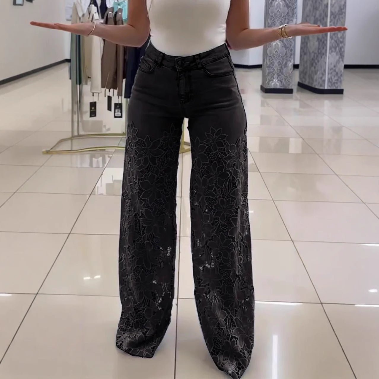 Y2K Lace Flowers Hollow Jeans Fashion High Waist Straight Wide Leg Pants Solid Color Trousers Women's Clothing - StoreTokTikY2K Lace Flowers Hollow Jeans Fashion High Waist Straight Wide Leg Pants Solid Color Trousers Women's Clothing