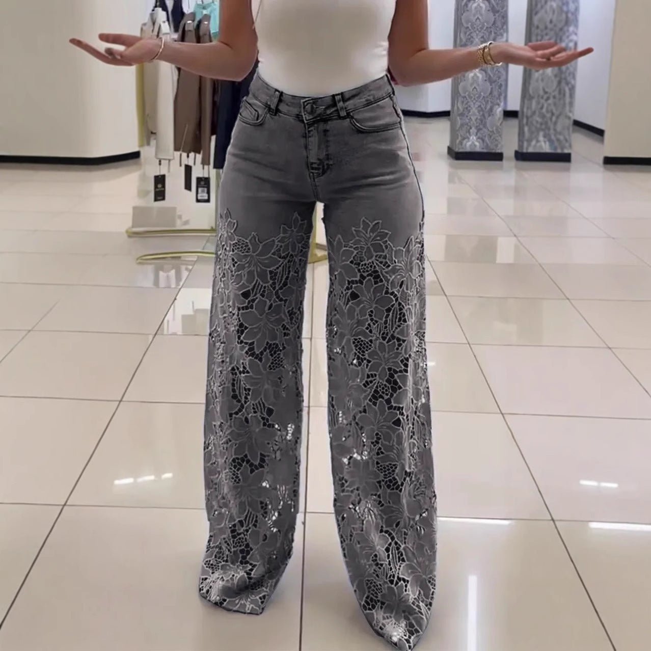 Y2K Lace Flowers Hollow Jeans Fashion High Waist Straight Wide Leg Pants Solid Color Trousers Women's Clothing - StoreTokTikY2K Lace Flowers Hollow Jeans Fashion High Waist Straight Wide Leg Pants Solid Color Trousers Women's Clothing