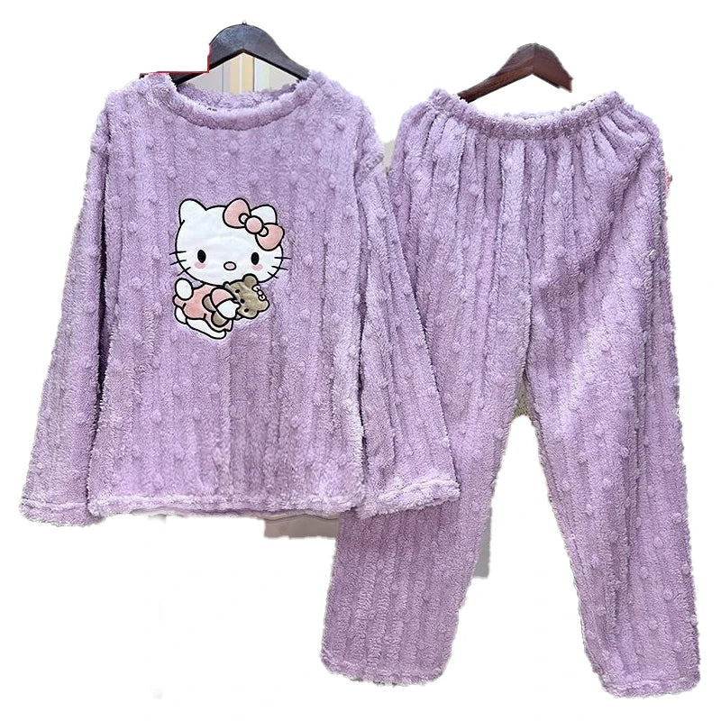 Hello Kitty Coral Fleece Plush Pajamas Set Cute Women's Autumn Winter Pijama Thickened Flannel Home Furry Set Student Nightshirt