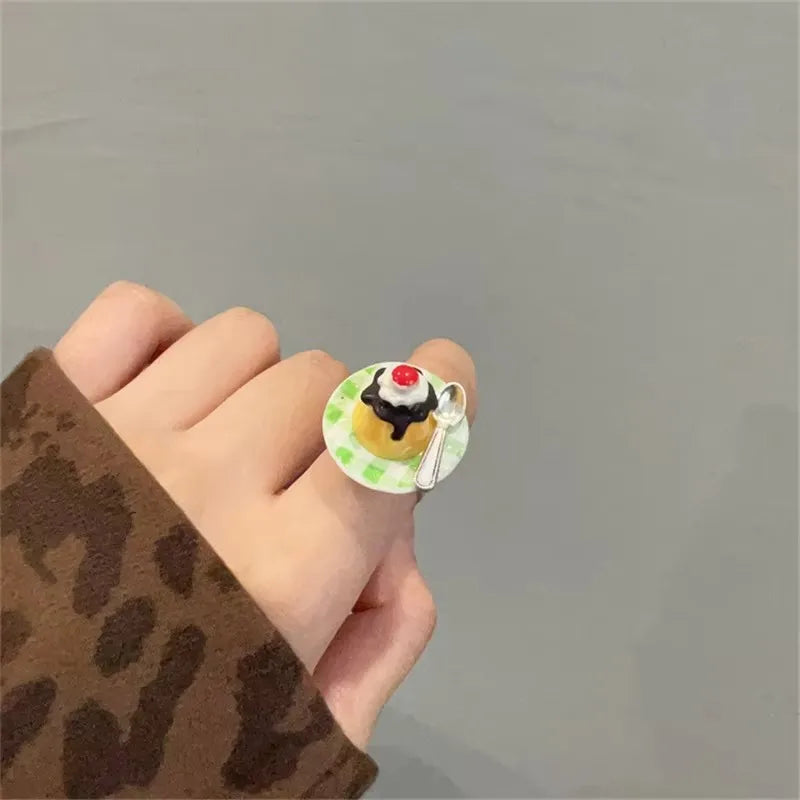 Cute Y2K Cartoon Ice Cream Cherry Fruit Strawberry Cake Chunky Ring Girls Fashion Vintage Aesthetic Charm Jewelry Accessories