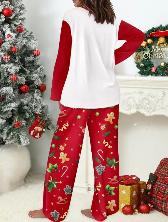 2-piece Christmas hat and Merry Christmas printed color blocked long sleeved top and Christmas printed elastic pants pajama set