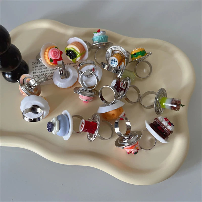 Cute Y2K Cartoon Ice Cream Cherry Fruit Strawberry Cake Chunky Ring Girls Fashion Vintage Aesthetic Charm Jewelry Accessories