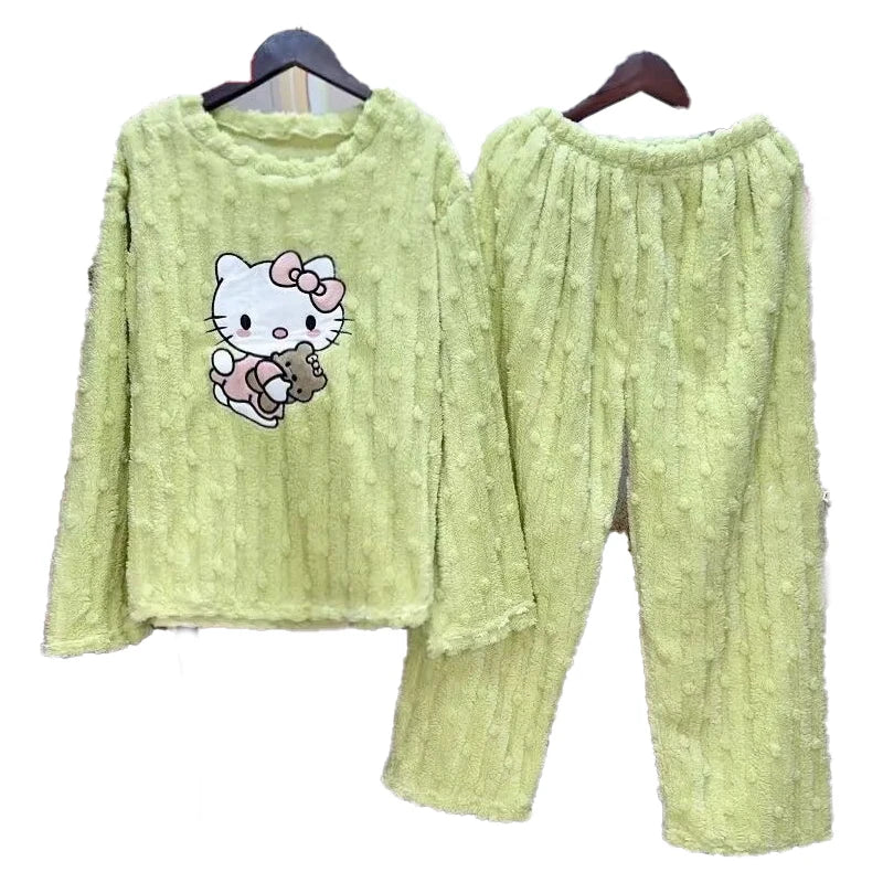 Hello Kitty Coral Fleece Plush Pajamas Set Cute Women's Autumn Winter Pijama Thickened Flannel Home Furry Set Student Nightshirt