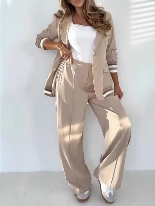 2 Pcs Set Women Suit Coat Pants Suit Lapel Long Sleeves Lady Jacket Wide Leg High Waist Trousers Female Commuting Office Outfit - StoreTokTik2 Pcs Set Women Suit Coat Pants Suit Lapel Long Sleeves Lady Jacket Wide Leg High Waist Trousers Female Commuting Office Outfit