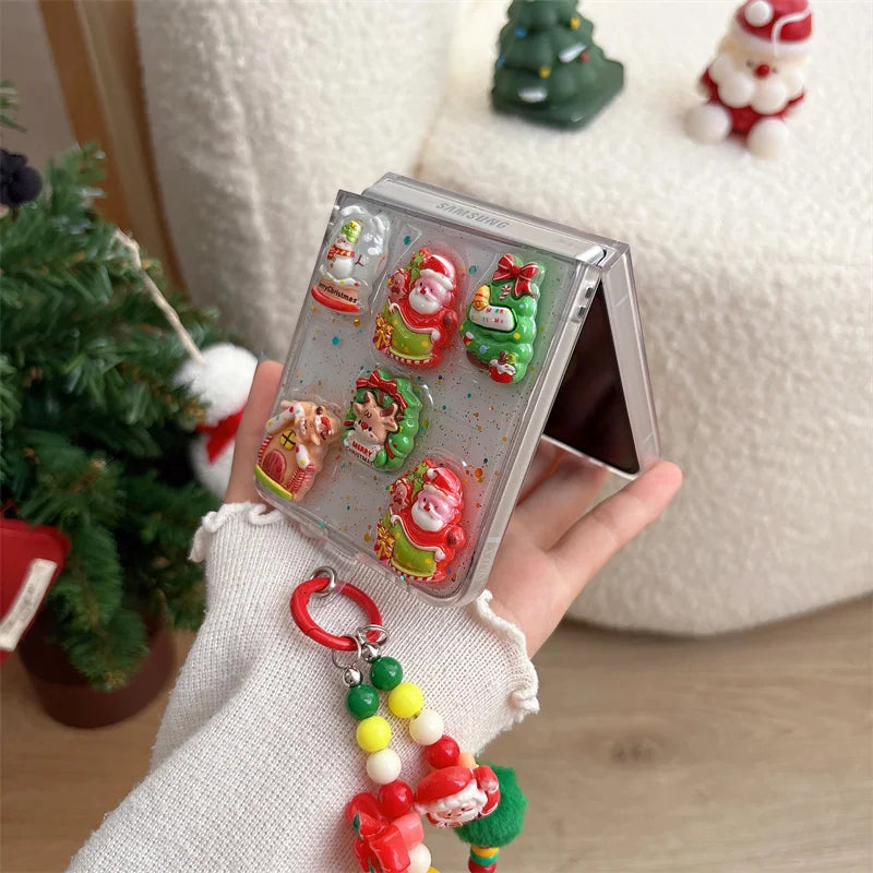 Glitter Sequined Santa Claus Cute Phone Case For Samsung Galaxy Z Flip 7 6 5 Flip6 Flip7 Cover with Chain Kawaii Christmas Cases