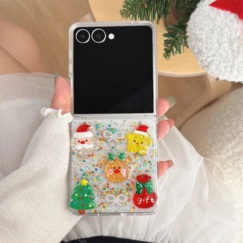 Glitter Sequined Santa Claus Cute Phone Case For Samsung Galaxy Z Flip 7 6 5 Flip6 Flip7 Cover with Chain Kawaii Christmas Cases