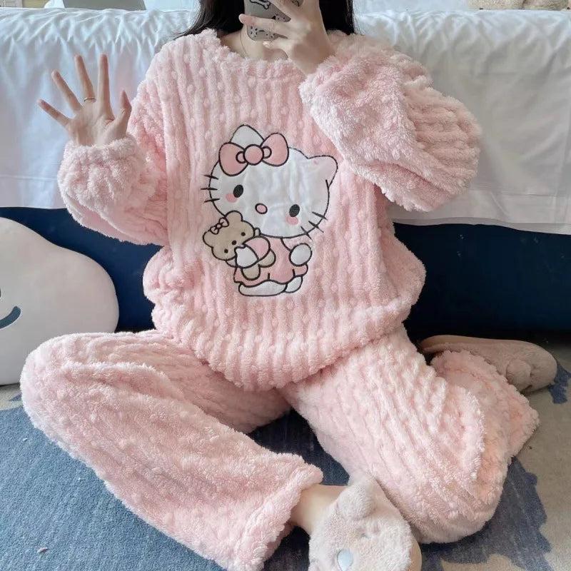 Hello Kitty Coral Fleece Plush Pajamas Set Cute Women's Autumn Winter Pijama Thickened Flannel Home Furry Set Student Nightshirt