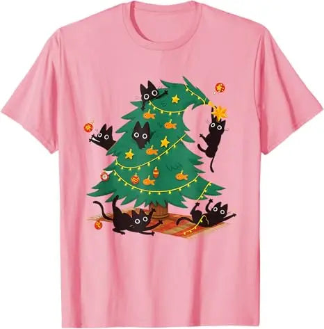 Cat Christmas Santa Lights Pajamas T-Shirt Y2k Funny Black Cat Christmas Tree T-Shirt Xmas Costume Holiday Clothes Novelty Gift
