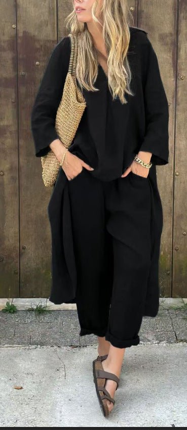 2pcs Long - sleeved Suits Loose V - neck Long Top And High Waist Wide Leg Pants With Pockets Women's Clothing - StoreTokTik2pcs Long - sleeved Suits Loose V - neck Long Top And High Waist Wide Leg Pants With Pockets Women's Clothing