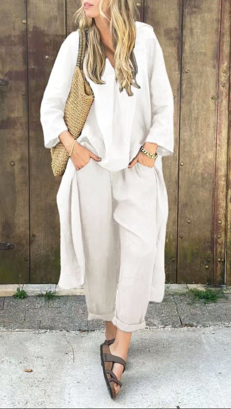 2pcs Long - sleeved Suits Loose V - neck Long Top And High Waist Wide Leg Pants With Pockets Women's Clothing - StoreTokTik2pcs Long - sleeved Suits Loose V - neck Long Top And High Waist Wide Leg Pants With Pockets Women's Clothing