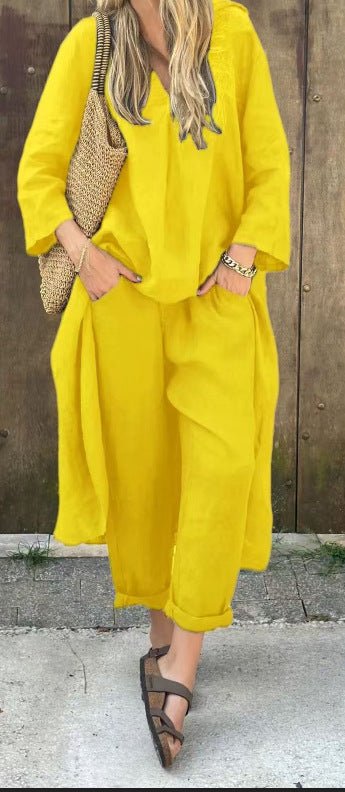 2pcs Long - sleeved Suits Loose V - neck Long Top And High Waist Wide Leg Pants With Pockets Women's Clothing - StoreTokTik2pcs Long - sleeved Suits Loose V - neck Long Top And High Waist Wide Leg Pants With Pockets Women's Clothing