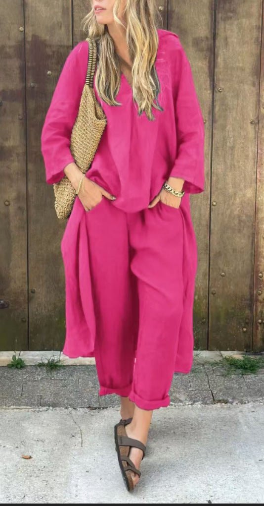 2pcs Long - sleeved Suits Loose V - neck Long Top And High Waist Wide Leg Pants With Pockets Women's Clothing - StoreTokTik2pcs Long - sleeved Suits Loose V - neck Long Top And High Waist Wide Leg Pants With Pockets Women's Clothing