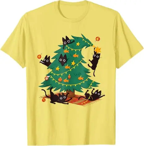 Cat Christmas Santa Lights Pajamas T-Shirt Y2k Funny Black Cat Christmas Tree T-Shirt Xmas Costume Holiday Clothes Novelty Gift