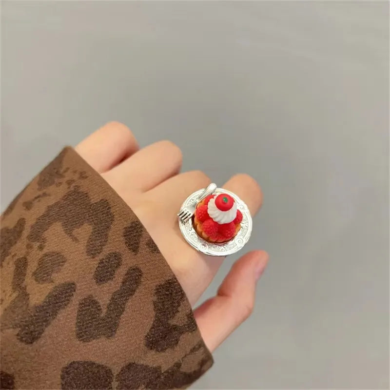 Cute Y2K Cartoon Ice Cream Cherry Fruit Strawberry Cake Chunky Ring Girls Fashion Vintage Aesthetic Charm Jewelry Accessories