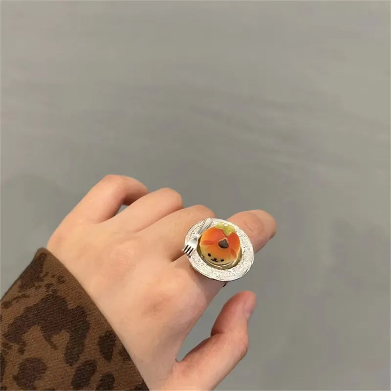 Cute Y2K Cartoon Ice Cream Cherry Fruit Strawberry Cake Chunky Ring Girls Fashion Vintage Aesthetic Charm Jewelry Accessories