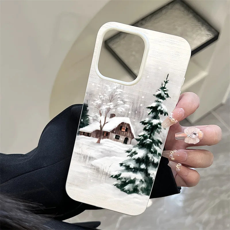 Christmas Winter Snow Tree Cabin Phone Case for iPhone 17 Pro Max Air 16 16e 13 12 14 15 Plus 11 Pro Max Shockproof Soft Cover