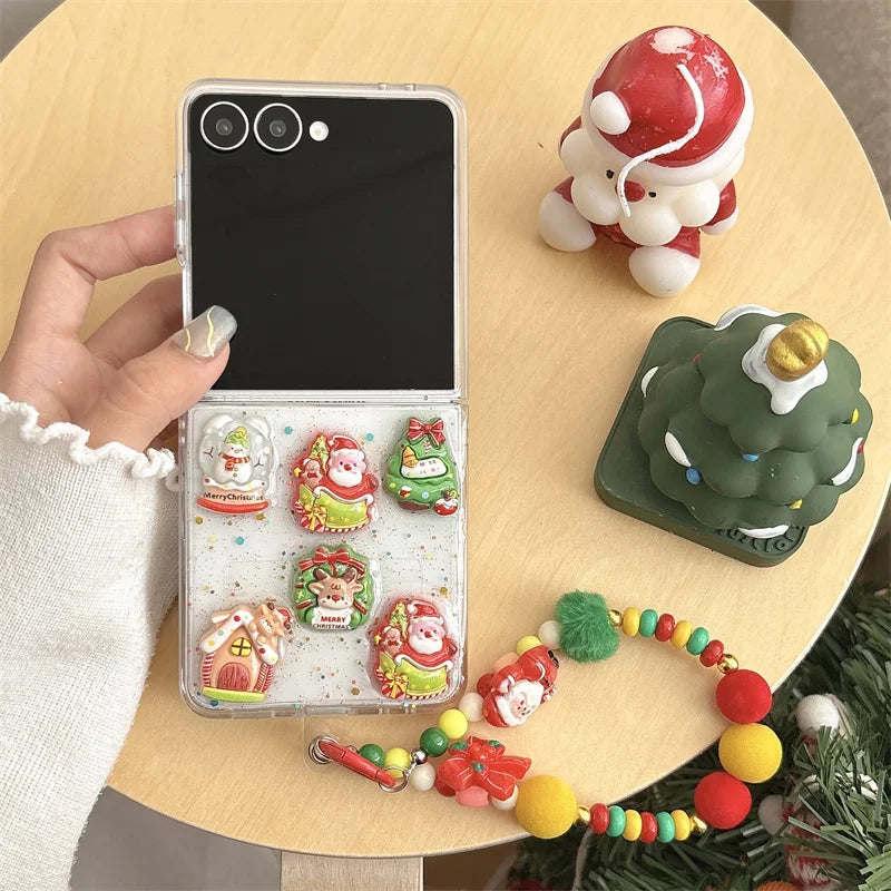 Glitter Sequined Santa Claus Cute Phone Case For Samsung Galaxy Z Flip 7 6 5 Flip6 Flip7 Cover with Chain Kawaii Christmas Cases