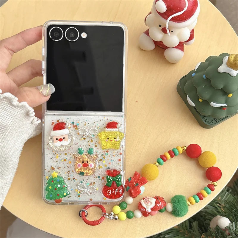 Glitter Sequined Santa Claus Cute Phone Case For Samsung Galaxy Z Flip 7 6 5 Flip6 Flip7 Cover with Chain Kawaii Christmas Cases