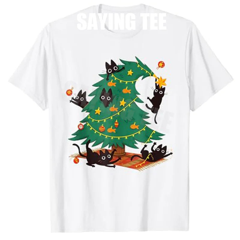 Cat Christmas Santa Lights Pajamas T-Shirt Y2k Funny Black Cat Christmas Tree T-Shirt Xmas Costume Holiday Clothes Novelty Gift