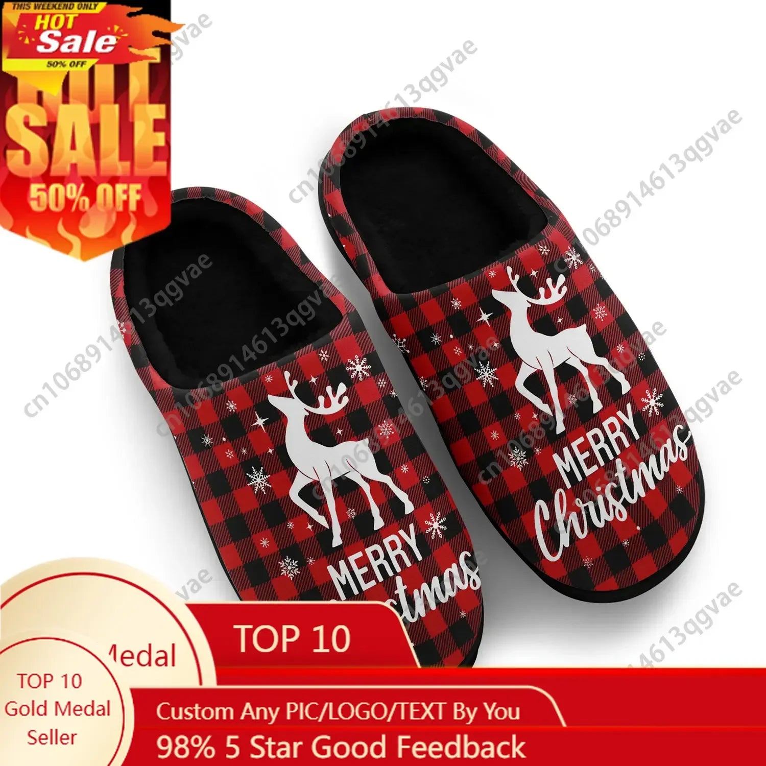 Christmas Deer Buffalo Plaid Home Cotton Slippers Mens Womens Teenager Plush Bedroom Casual Keep Warm Shoes Tailor Made Slipper