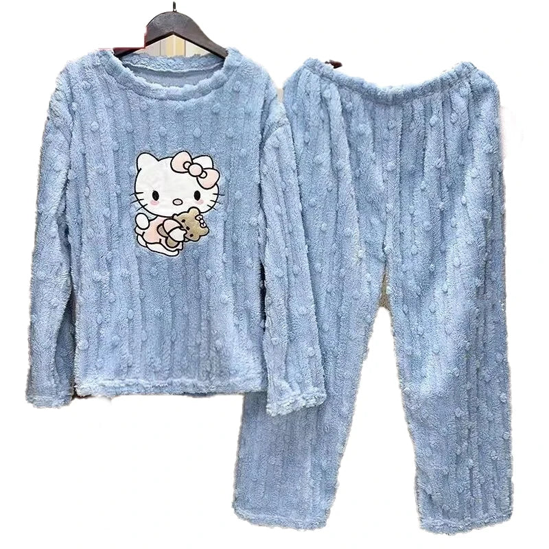 Hello Kitty Coral Fleece Plush Pajamas Set Cute Women's Autumn Winter Pijama Thickened Flannel Home Furry Set Student Nightshirt