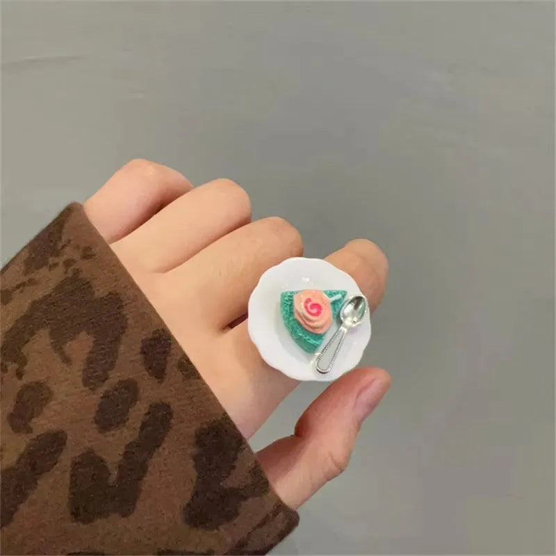 Cute Y2K Cartoon Ice Cream Cherry Fruit Strawberry Cake Chunky Ring Girls Fashion Vintage Aesthetic Charm Jewelry Accessories