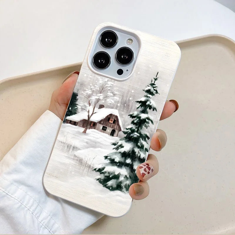 Christmas Winter Snow Tree Cabin Phone Case for iPhone 17 Pro Max Air 16 16e 13 12 14 15 Plus 11 Pro Max Shockproof Soft Cover