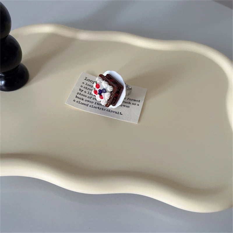 Cute Y2K Cartoon Ice Cream Cherry Fruit Strawberry Cake Chunky Ring Girls Fashion Vintage Aesthetic Charm Jewelry Accessories