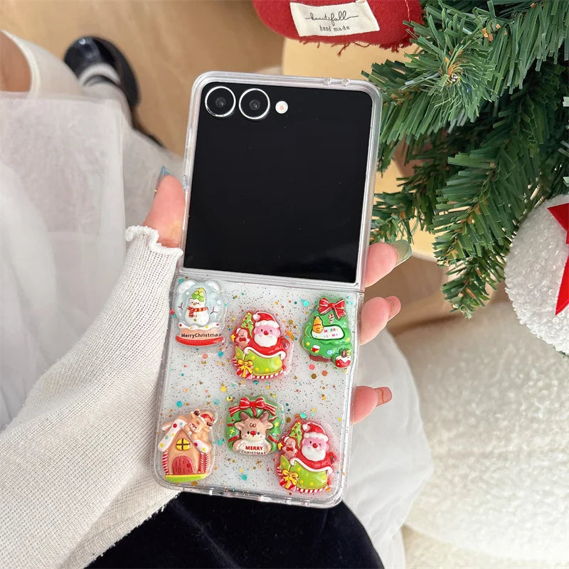 Glitter Sequined Santa Claus Cute Phone Case For Samsung Galaxy Z Flip 7 6 5 Flip6 Flip7 Cover with Chain Kawaii Christmas Cases