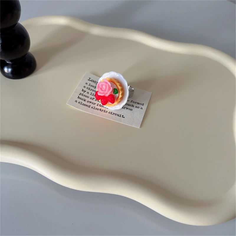 Cute Y2K Cartoon Ice Cream Cherry Fruit Strawberry Cake Chunky Ring Girls Fashion Vintage Aesthetic Charm Jewelry Accessories