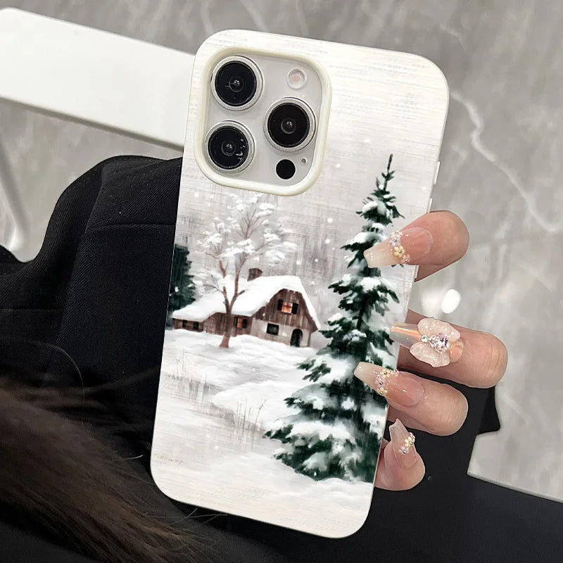 Christmas Winter Snow Tree Cabin Phone Case for iPhone 17 Pro Max Air 16 16e 13 12 14 15 Plus 11 Pro Max Shockproof Soft Cover