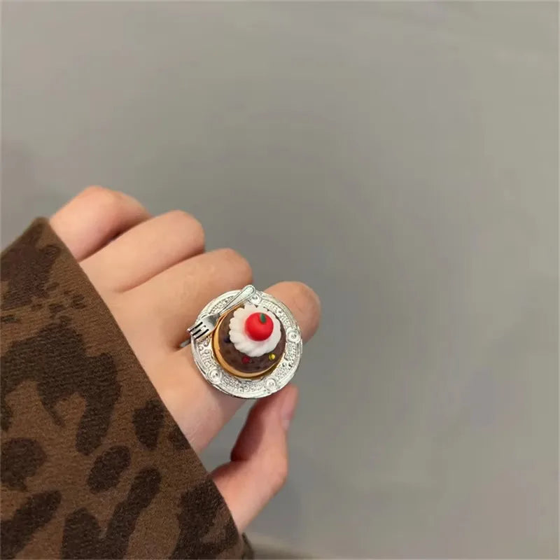Cute Y2K Cartoon Ice Cream Cherry Fruit Strawberry Cake Chunky Ring Girls Fashion Vintage Aesthetic Charm Jewelry Accessories