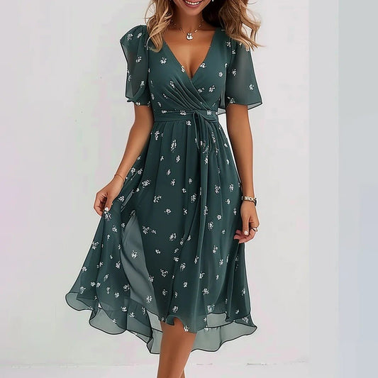 Chiffon Printed Short Sleeve Dress Summer Elegant V - neck Dresses Womens Clothing - StoreTokTikChiffon Printed Short Sleeve Dress Summer Elegant V - neck Dresses Womens Clothing