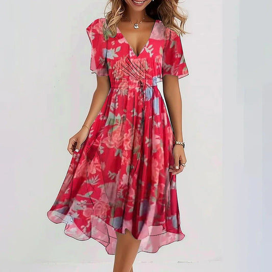 Chiffon Printed Short Sleeve Dress Summer Elegant V - neck Dresses Womens Clothing - StoreTokTikChiffon Printed Short Sleeve Dress Summer Elegant V - neck Dresses Womens Clothing