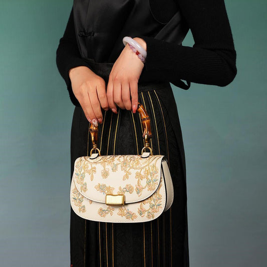Cowhide Embroidery Ladies Bamboo Handbag - StoreTokTikCowhide Embroidery Ladies Bamboo Handbag