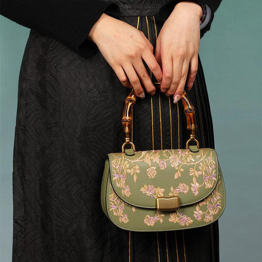 Cowhide Embroidery Ladies Bamboo Handbag - StoreTokTikCowhide Embroidery Ladies Bamboo Handbag