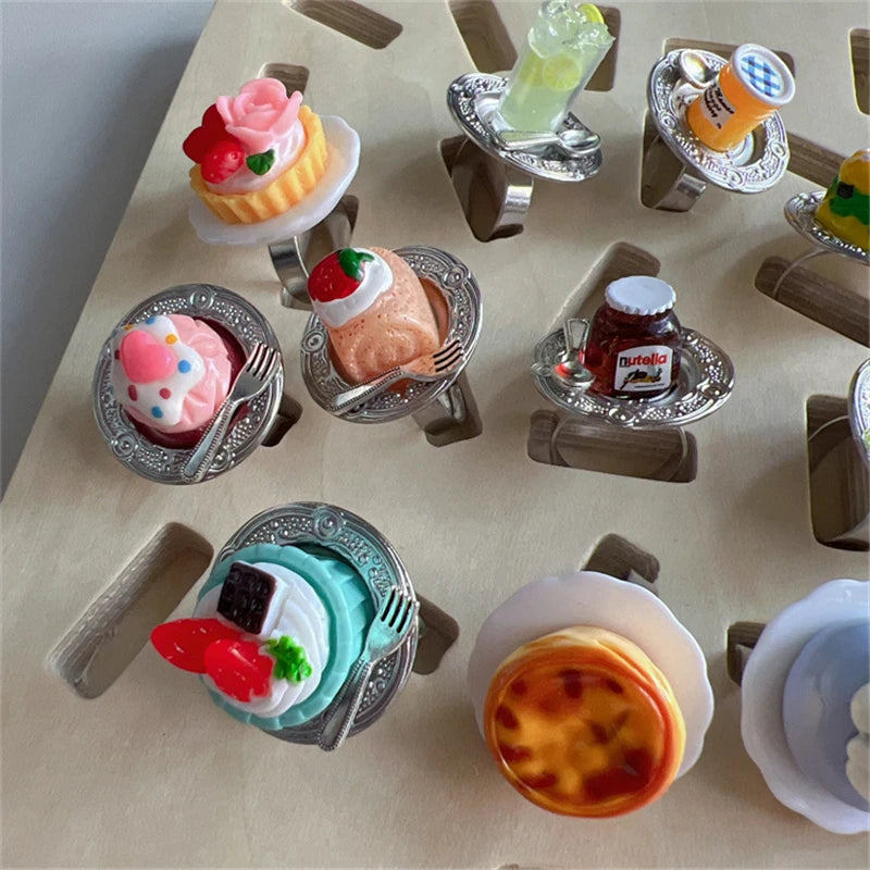 Cute Y2K Cartoon Ice Cream Cherry Fruit Strawberry Cake Chunky Ring Girls Fashion Vintage Aesthetic Charm Jewelry Accessories