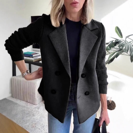 Double Breasted Lapel Jacket Fashion Knitted Sleeves Splicing Design Coat Outerwear Women's Clothing - StoreTokTikDouble Breasted Lapel Jacket Fashion Knitted Sleeves Splicing Design Coat Outerwear Women's Clothing