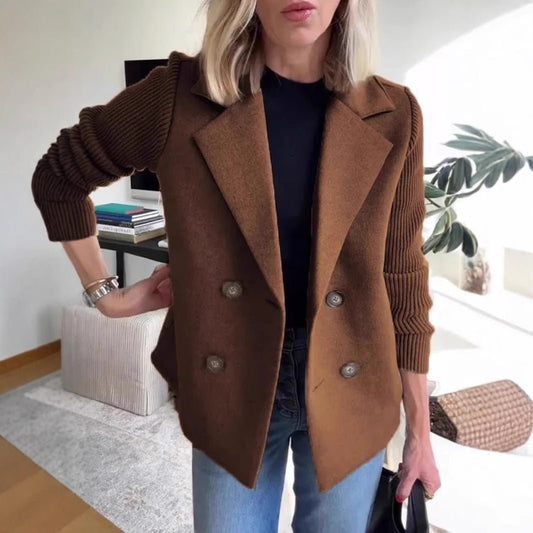 Double Breasted Lapel Jacket Fashion Knitted Sleeves Splicing Design Coat Outerwear Women's Clothing - StoreTokTikDouble Breasted Lapel Jacket Fashion Knitted Sleeves Splicing Design Coat Outerwear Women's Clothing