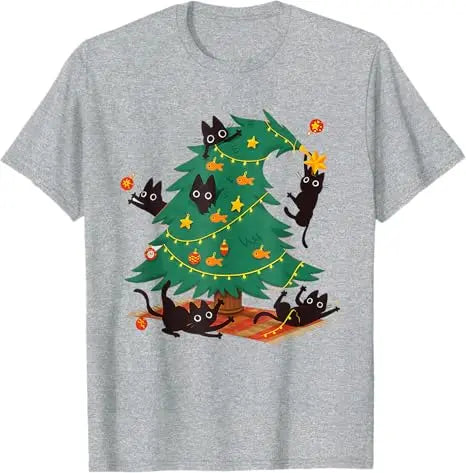 Cat Christmas Santa Lights Pajamas T-Shirt Y2k Funny Black Cat Christmas Tree T-Shirt Xmas Costume Holiday Clothes Novelty Gift