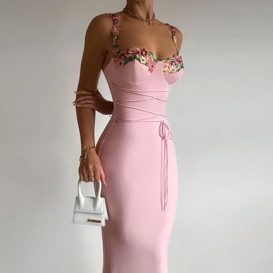 Embroidered Flower Suspender Dress Summer Fashion Lace - up Tight Slimming Hip - hugging Skirt For Womens Clothing - StoreTokTikEmbroidered Flower Suspender Dress Summer Fashion Lace - up Tight Slimming Hip - hugging Skirt For Womens Clothing