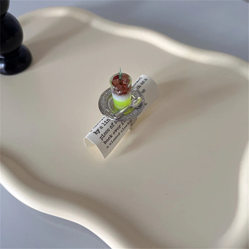 Cute Y2K Cartoon Ice Cream Cherry Fruit Strawberry Cake Chunky Ring Girls Fashion Vintage Aesthetic Charm Jewelry Accessories