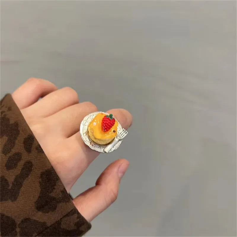 Cute Y2K Cartoon Ice Cream Cherry Fruit Strawberry Cake Chunky Ring Girls Fashion Vintage Aesthetic Charm Jewelry Accessories