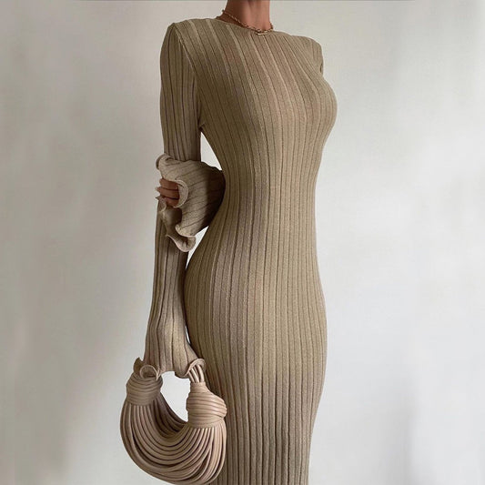 Fashion Slim Long - sleeved Ruffled Long Dress Sexy Hip - wrapped Back - less Knitted Maxi Dresses For Party Beach Womens Clothing - StoreTokTikFashion Slim Long - sleeved Ruffled Long Dress Sexy Hip - wrapped Back - less Knitted Maxi Dresses For Party Beach Womens Clothing