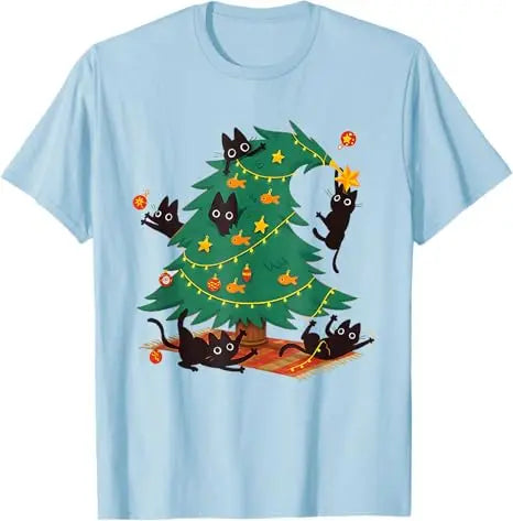 Cat Christmas Santa Lights Pajamas T-Shirt Y2k Funny Black Cat Christmas Tree T-Shirt Xmas Costume Holiday Clothes Novelty Gift